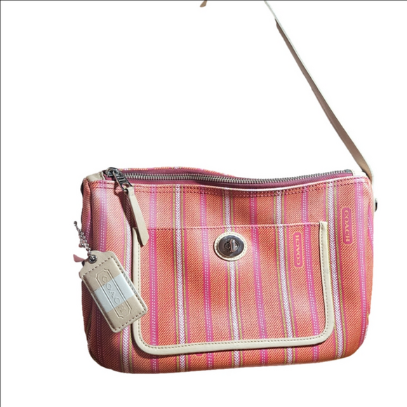 Coach Handbags - Coach Coral Beige Striped Shoulder Bag